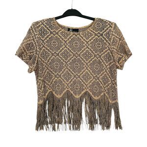 Vtg Womens Top Crochet KS collection‎ Golden & Black Fringe Short Sleeve